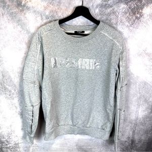 BALMAIN PARIS Men’s Large Grey Embossed Silver Logo Crew Neck Sweatshirt